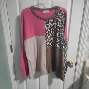 Lovely Melody Colorblock Waffle Knit Sweater with Leopard Print Accent 2x
